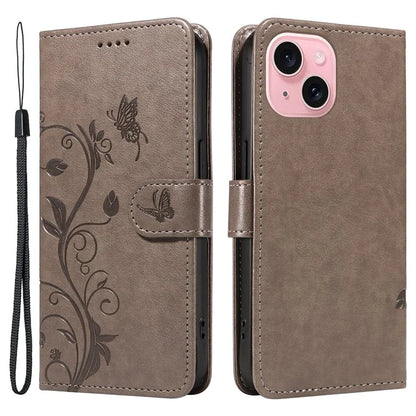 Leather Case for iPhone 15 Flower Blossom Pattern Phone Cover Wrist Strap Card Slots Holder