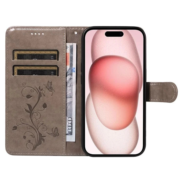 Leather Case for iPhone 15 Flower Blossom Pattern Phone Cover Wrist Strap Card Slots Holder
