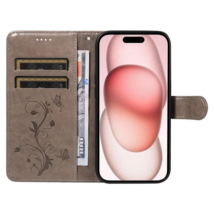 Leather Case for iPhone 15 Flower Blossom Pattern Phone Cover Wrist Strap Card Slots Holder