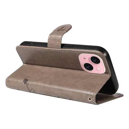 Leather Case for iPhone 15 Flower Blossom Pattern Phone Cover Wrist Strap Card Slots Holder