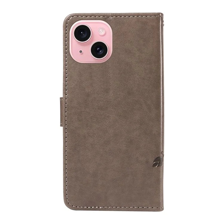 Leather Case for iPhone 15 Flower Blossom Pattern Phone Cover Wrist Strap Card Slots Holder