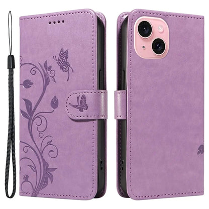 Leather Case for iPhone 15 Flower Blossom Pattern Phone Cover Wrist Strap Card Slots Holder