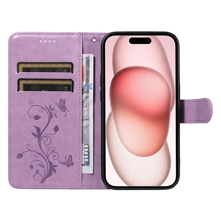 Leather Case for iPhone 15 Flower Blossom Pattern Phone Cover Wrist Strap Card Slots Holder