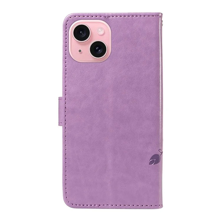 Leather Case for iPhone 15 Flower Blossom Pattern Phone Cover Wrist Strap Card Slots Holder