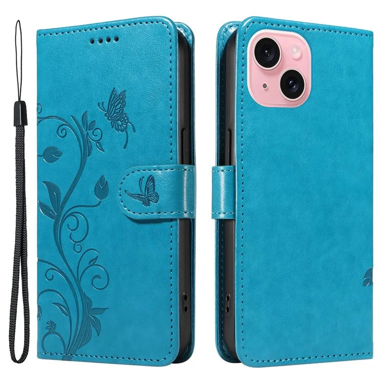 Leather Case for iPhone 15 Flower Blossom Pattern Phone Cover Wrist Strap Card Slots Holder