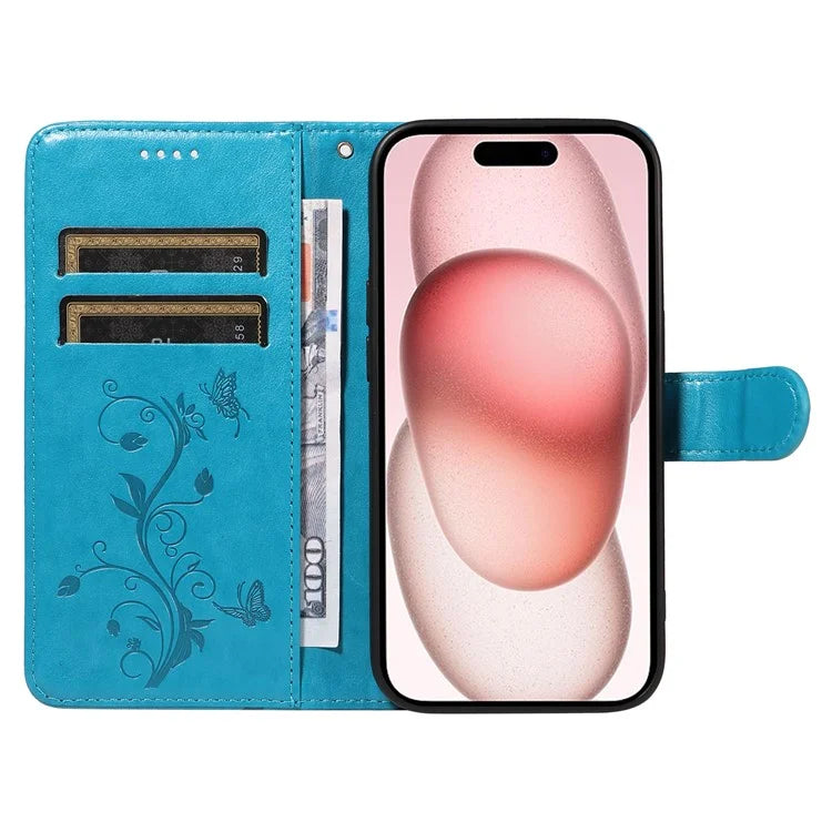 Leather Case for iPhone 15 Flower Blossom Pattern Phone Cover Wrist Strap Card Slots Holder