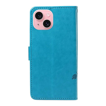 Leather Case for iPhone 15 Flower Blossom Pattern Phone Cover Wrist Strap Card Slots Holder