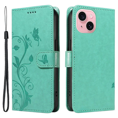 Leather Case for iPhone 15 Flower Blossom Pattern Phone Cover Wrist Strap Card Slots Holder