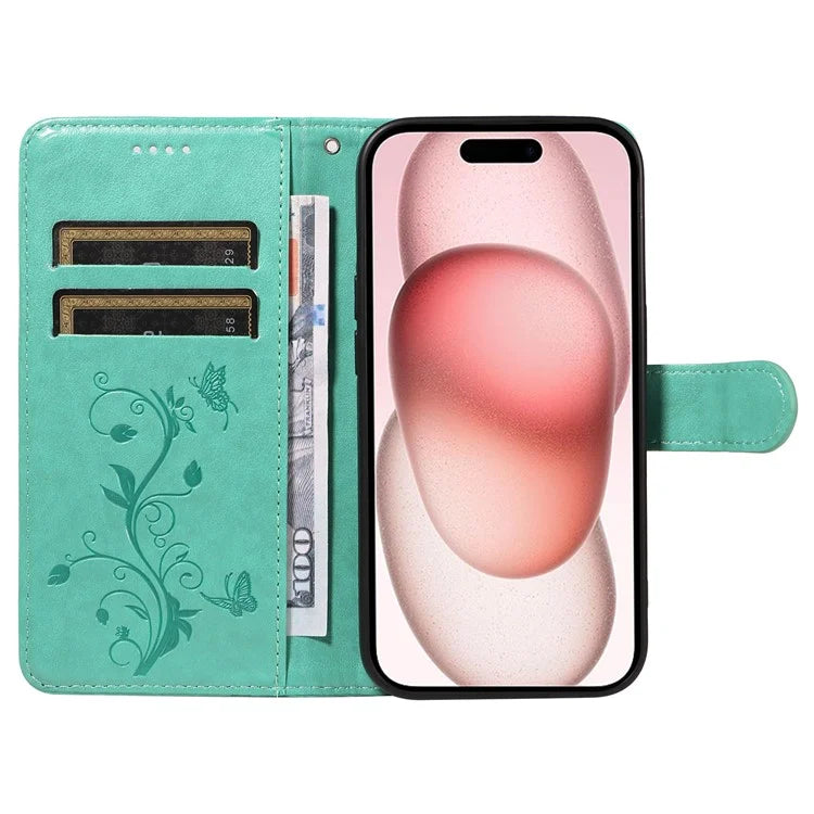 Leather Case for iPhone 15 Flower Blossom Pattern Phone Cover Wrist Strap Card Slots Holder