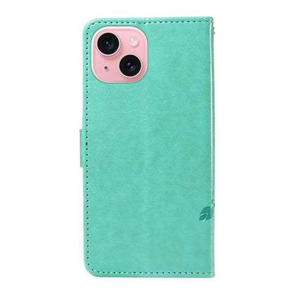 Leather Case for iPhone 15 Flower Blossom Pattern Phone Cover Wrist Strap Card Slots Holder