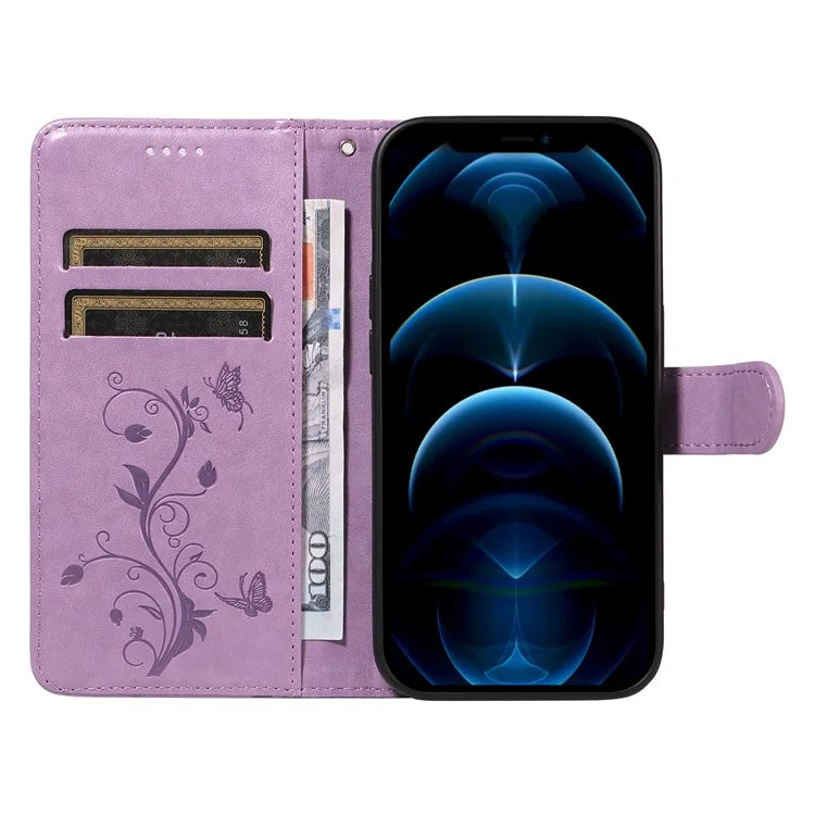 For iPhone 13 Pro Leather Flip Phone Case Wallet Cover Imprinted Butterfly Flower