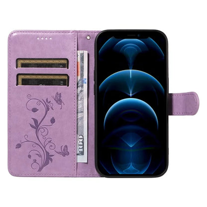 For iPhone 13 Pro Leather Flip Phone Case Wallet Cover Imprinted Butterfly Flower