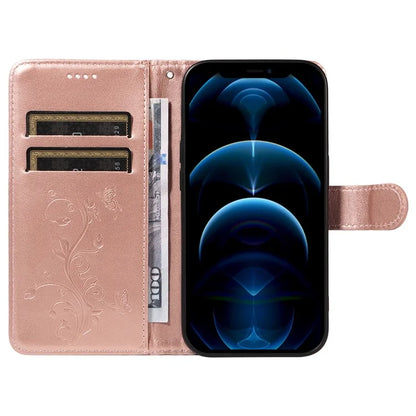 For iPhone 13 Pro Leather Flip Phone Case Wallet Cover Imprinted Butterfly Flower