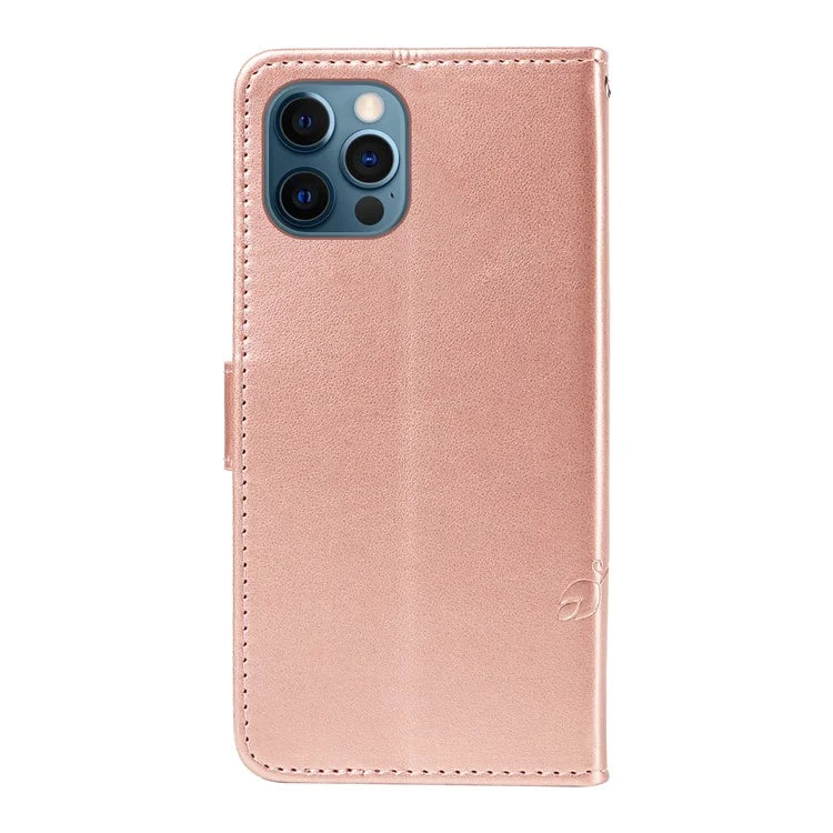 For iPhone 13 Pro Leather Flip Phone Case Wallet Cover Imprinted Butterfly Flower
