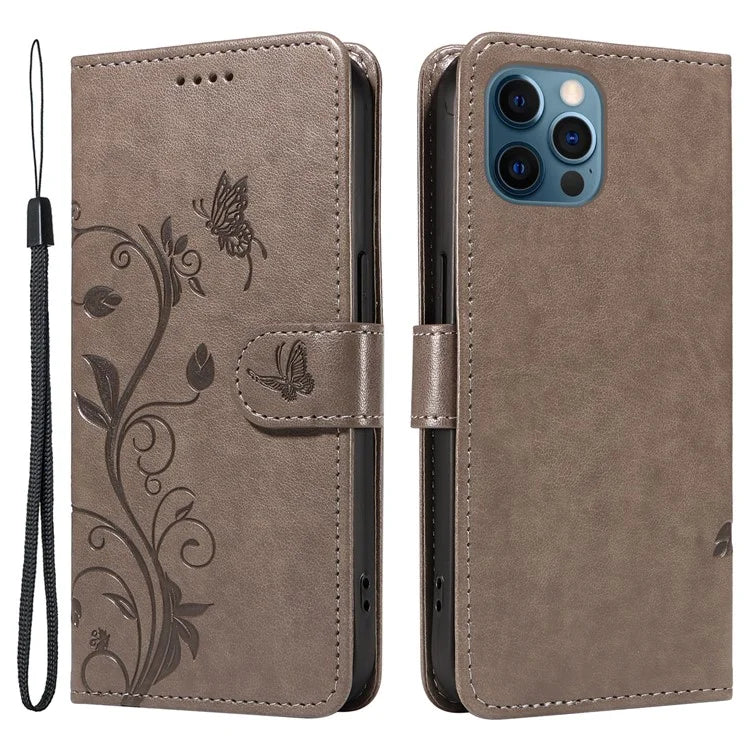 For iPhone 13 Pro Leather Flip Phone Case Wallet Cover Imprinted Butterfly Flower