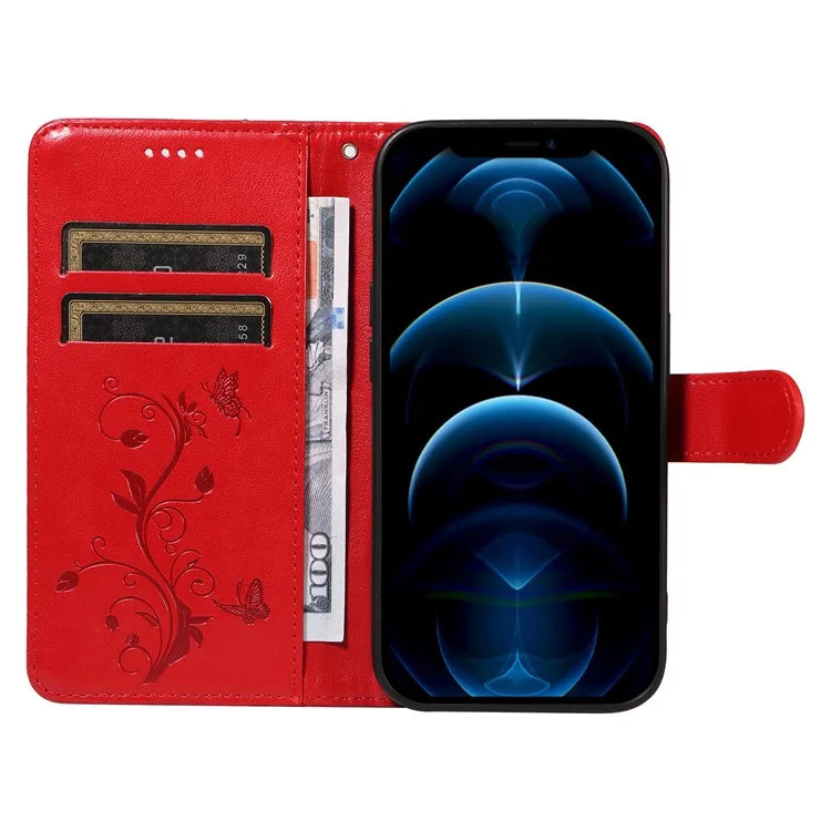 For iPhone 13 Pro Leather Flip Phone Case Wallet Cover Imprinted Butterfly Flower