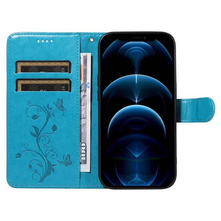 For iPhone 13 Pro Max Butterfly Flower Case PU Leather Protective Phone Cover with Card Slots