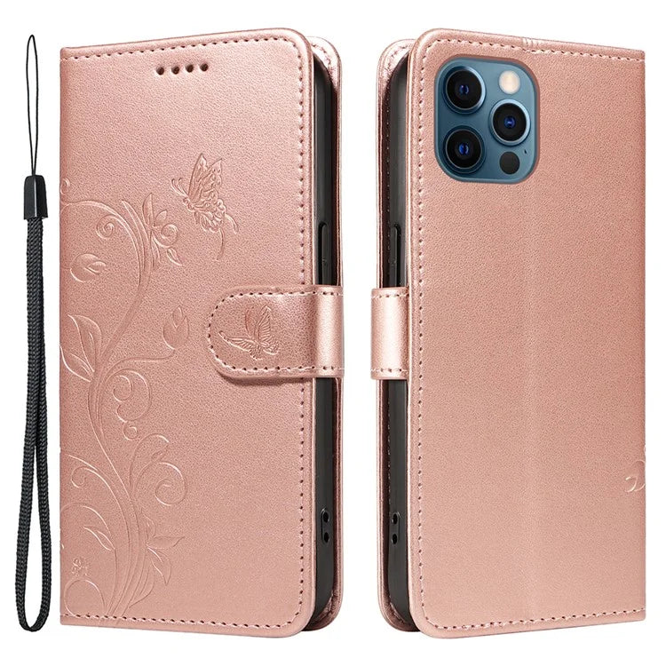 For iPhone 13 Pro Max Butterfly Flower Case PU Leather Protective Phone Cover with Card Slots