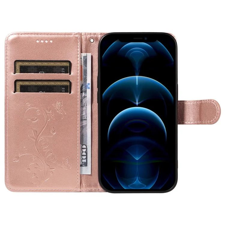 For iPhone 13 Pro Max Butterfly Flower Case PU Leather Protective Phone Cover with Card Slots
