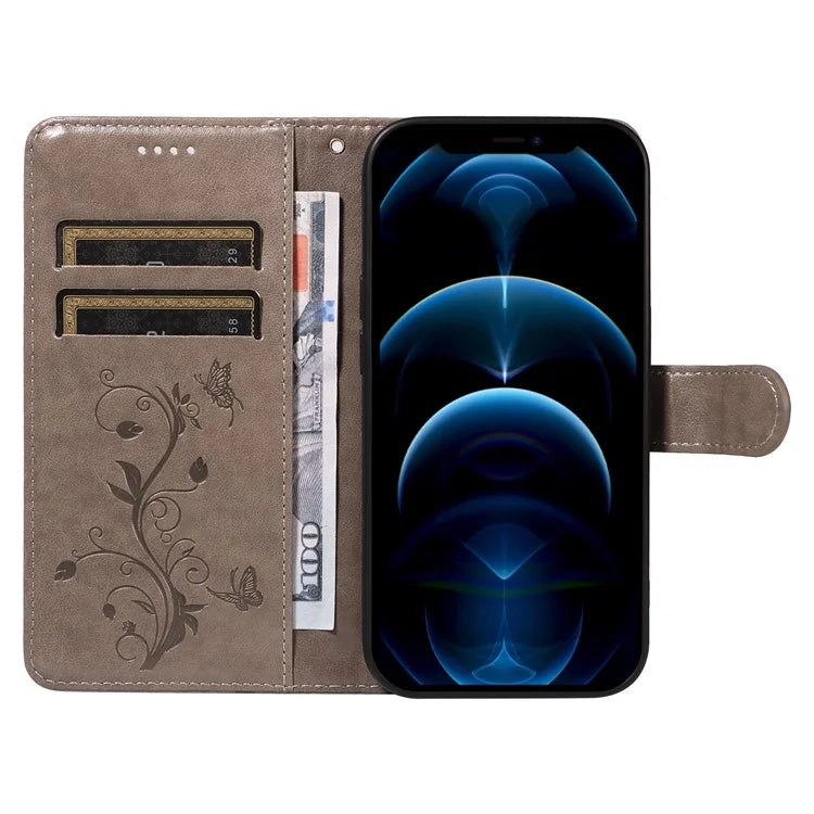 For iPhone 13 Pro Max Butterfly Flower Case PU Leather Protective Phone Cover with Card Slots