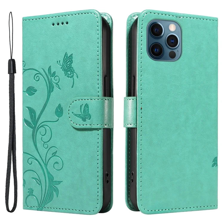 For iPhone 13 Pro Max Butterfly Flower Case PU Leather Protective Phone Cover with Card Slots