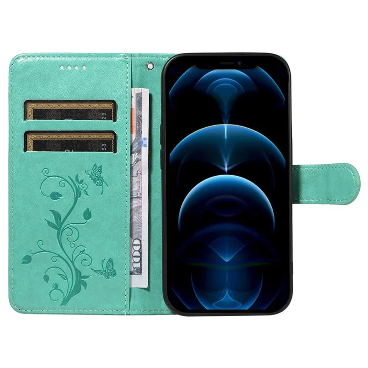 For iPhone 13 Pro Max Butterfly Flower Case PU Leather Protective Phone Cover with Card Slots