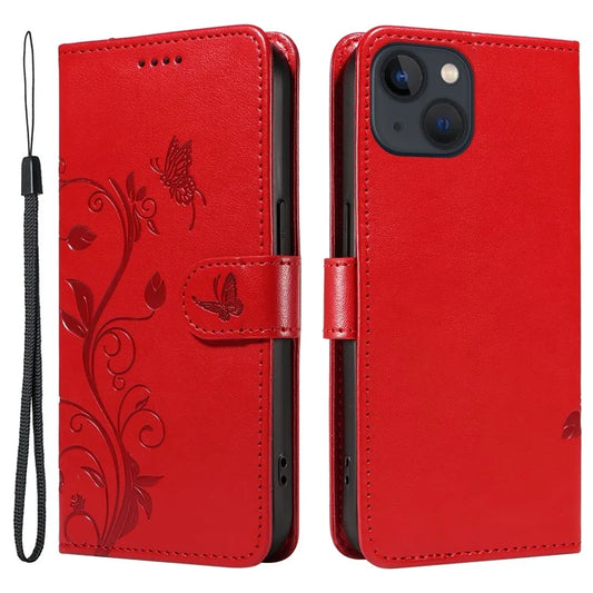 For iPhone 13 Leather Wallet Case Card Slot Holder Stand Butterfly Flower Phone Cover