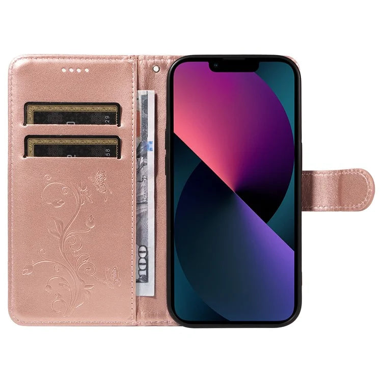 For iPhone 13 Leather Wallet Case Card Slot Holder Stand Butterfly Flower Phone Cover