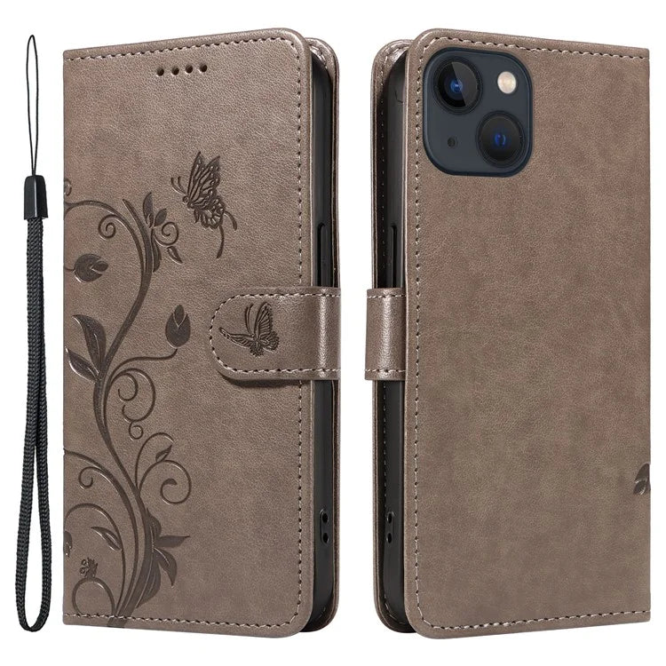 For iPhone 13 Leather Wallet Case Card Slot Holder Stand Butterfly Flower Phone Cover