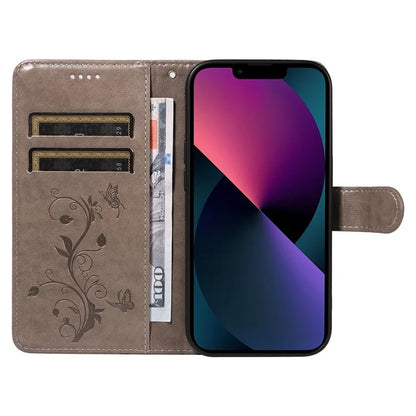 For iPhone 13 Leather Wallet Case Card Slot Holder Stand Butterfly Flower Phone Cover