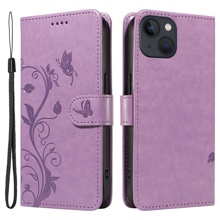 For iPhone 13 Leather Wallet Case Card Slot Holder Stand Butterfly Flower Phone Cover