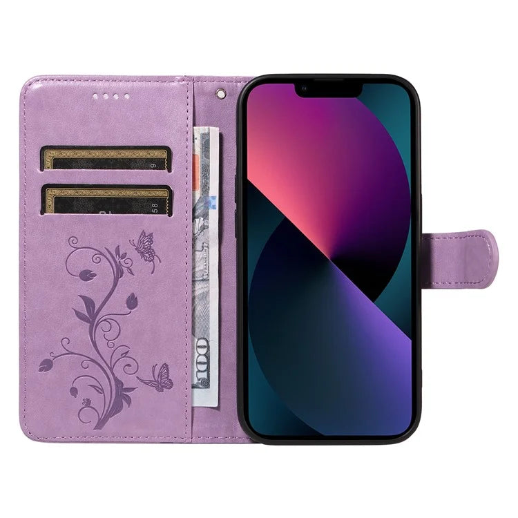 For iPhone 13 Leather Wallet Case Card Slot Holder Stand Butterfly Flower Phone Cover