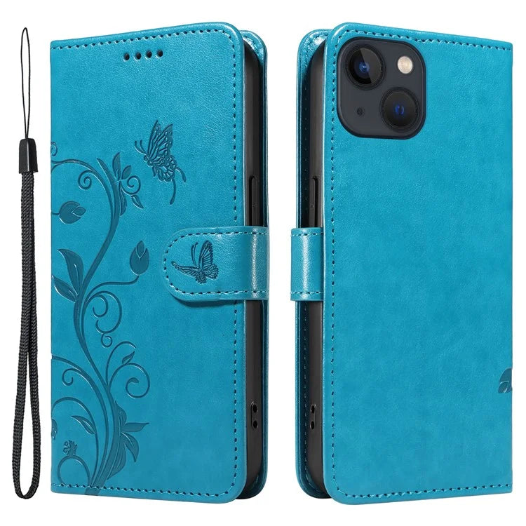 For iPhone 13 Leather Wallet Case Card Slot Holder Stand Butterfly Flower Phone Cover
