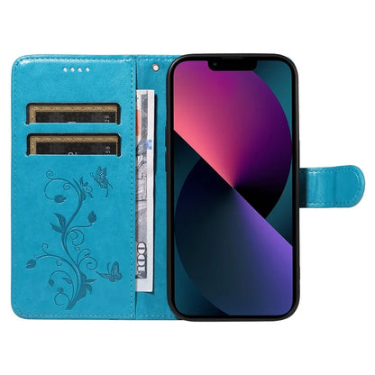 For iPhone 13 Leather Wallet Case Card Slot Holder Stand Butterfly Flower Phone Cover