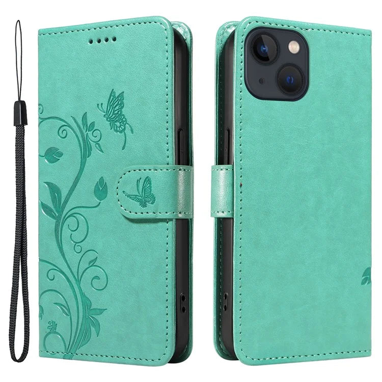 For iPhone 13 Leather Wallet Case Card Slot Holder Stand Butterfly Flower Phone Cover