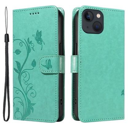 For iPhone 13 Leather Wallet Case Card Slot Holder Stand Butterfly Flower Phone Cover