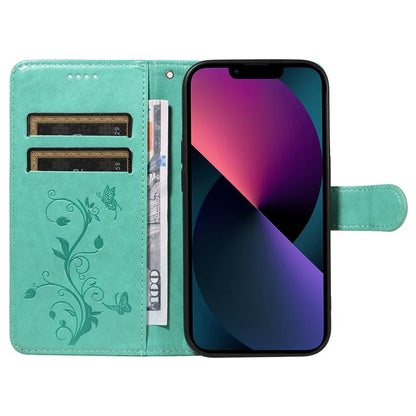 For iPhone 13 Leather Wallet Case Card Slot Holder Stand Butterfly Flower Phone Cover