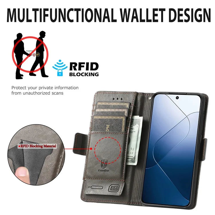 CASENEO 002 Series For Xiaomi 14 RFID Blocking Phone Case PU Leather Shockproof TPU Interior Cover
