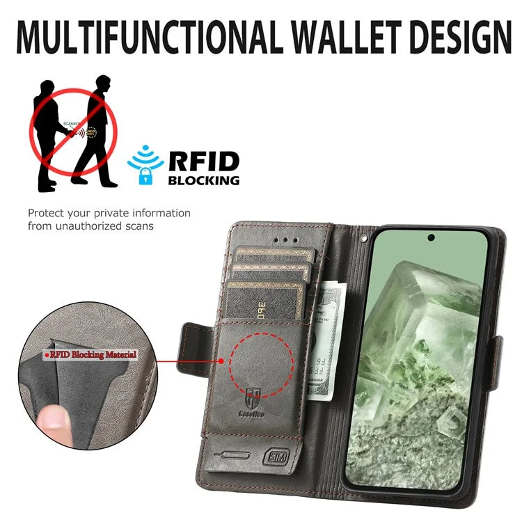 CASENEO 002 Series For Google Pixel 8a Wallet Phone Case RFID Blocking Leather Protection