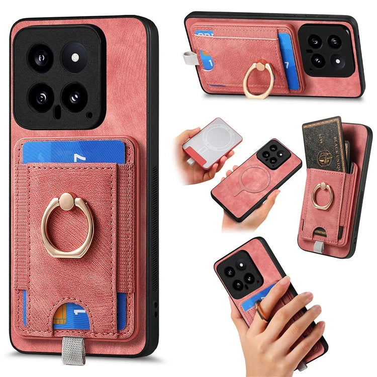 D7 For Xiaomi 14 Kickstand Case Leather+TPU Cover with Detachable Card Bag