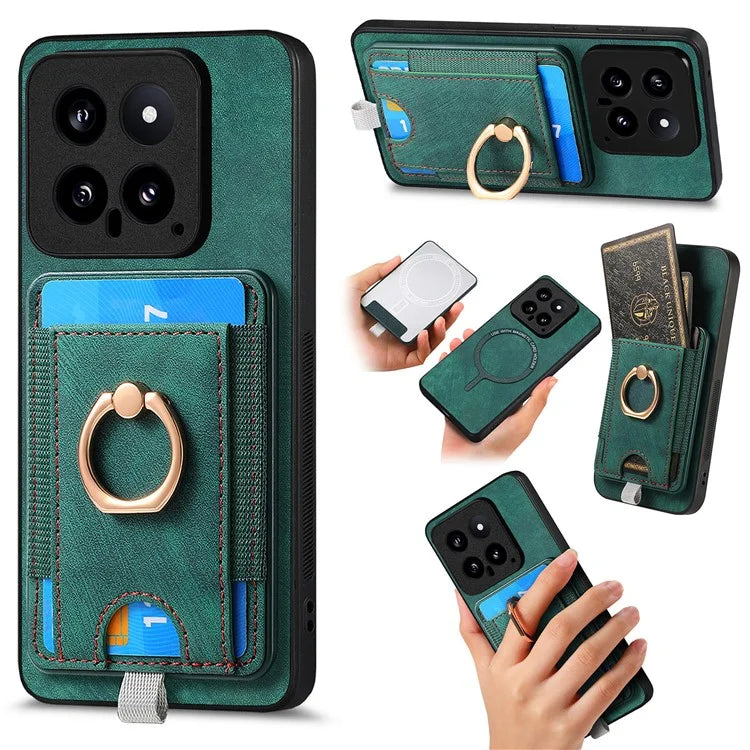 D7 For Xiaomi 14 Kickstand Case Leather+TPU Cover with Detachable Card Bag