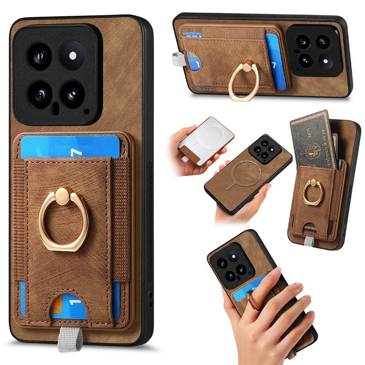 D7 For Xiaomi 14 Kickstand Case Leather+TPU Cover with Detachable Card Bag