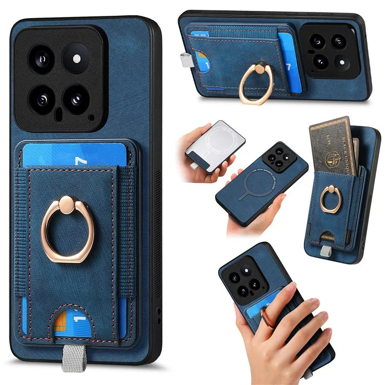 D7 For Xiaomi 14 Kickstand Case Leather+TPU Cover with Detachable Card Bag