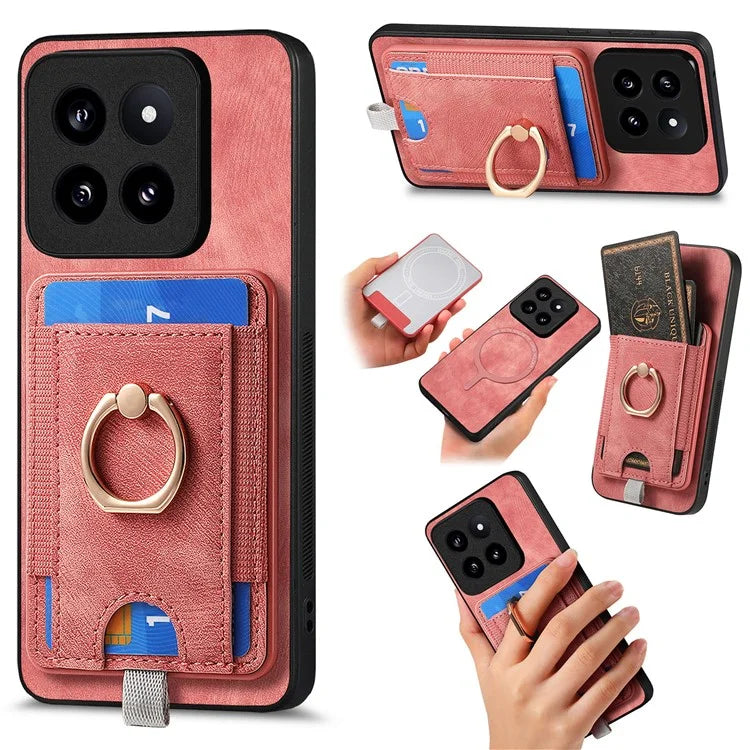 D7 For Xiaomi 14 Pro Ring Kickstand Phone Cover Detachable Magnetic Card Case