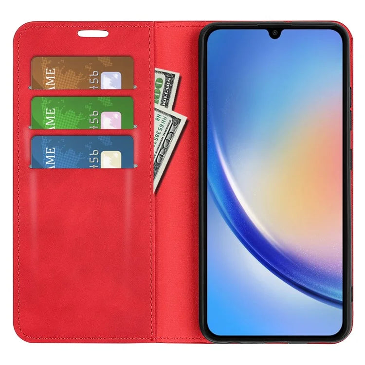 For Samsung Galaxy A35 5G Skin Touch Feeling Case PU Leather Magnetic Auto-absorbed Phone Cover
