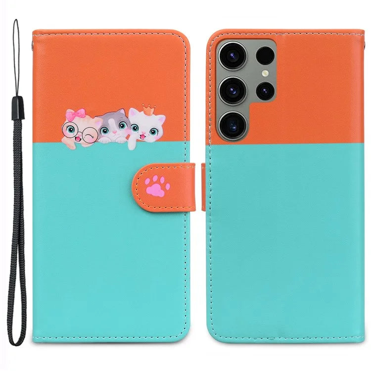 Cartoon Pet Series for Samsung Galaxy S23 Ultra Cell Phone Case Leather Stand Wallet Splicing Cover