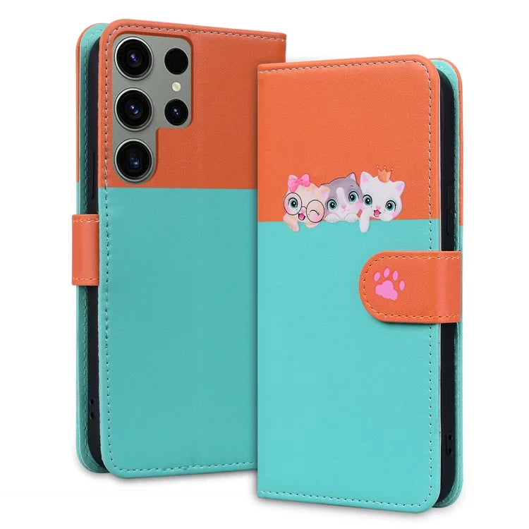 Cartoon Pet Series for Samsung Galaxy S23 Ultra Cell Phone Case Leather Stand Wallet Splicing Cover