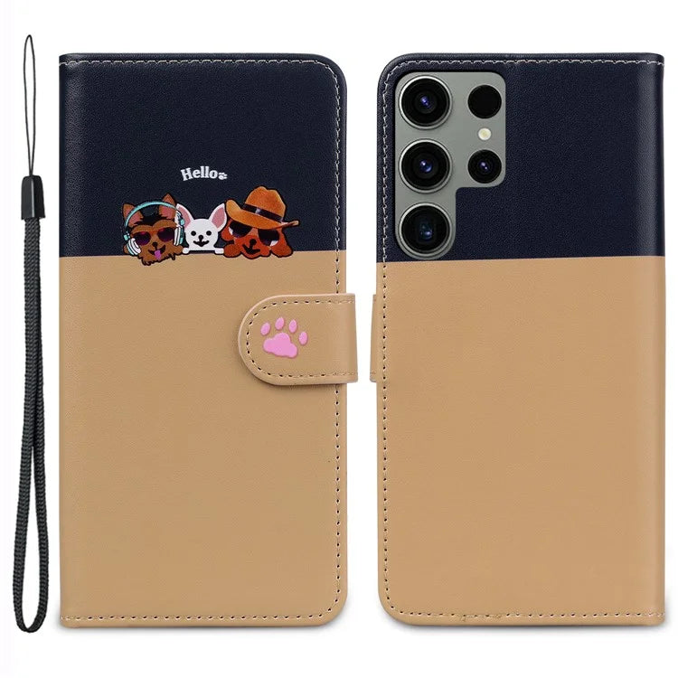 Cartoon Pet Series for Samsung Galaxy S23 Ultra Cell Phone Case Leather Stand Wallet Splicing Cover