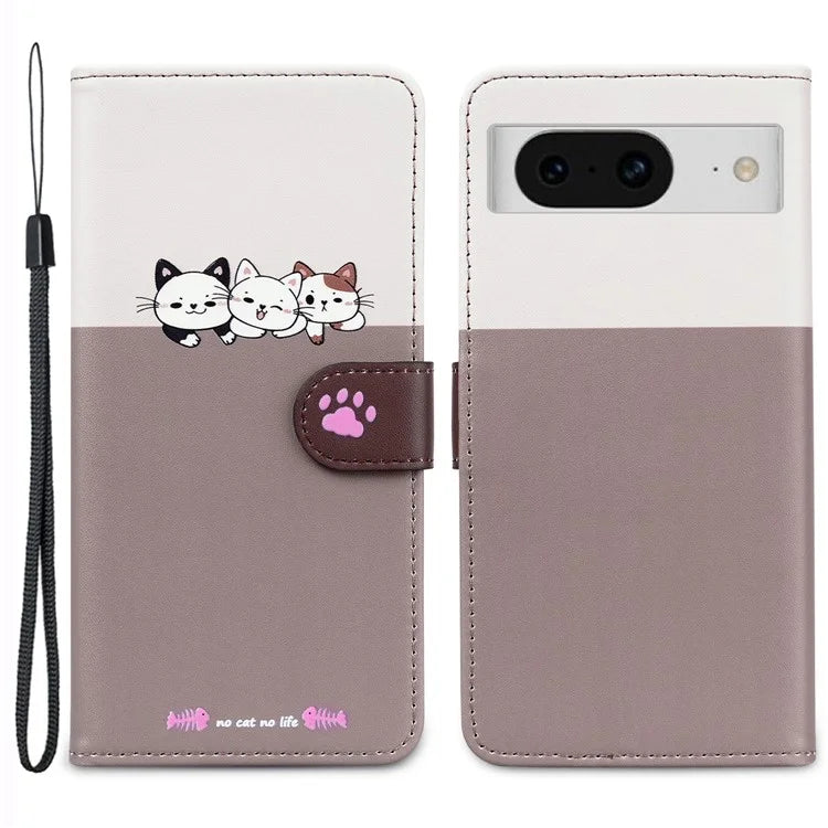 Cartoon Pet Series for Google Pixel 8 Case Leather  Splicing Phone Stand Cover with Wrist Strap