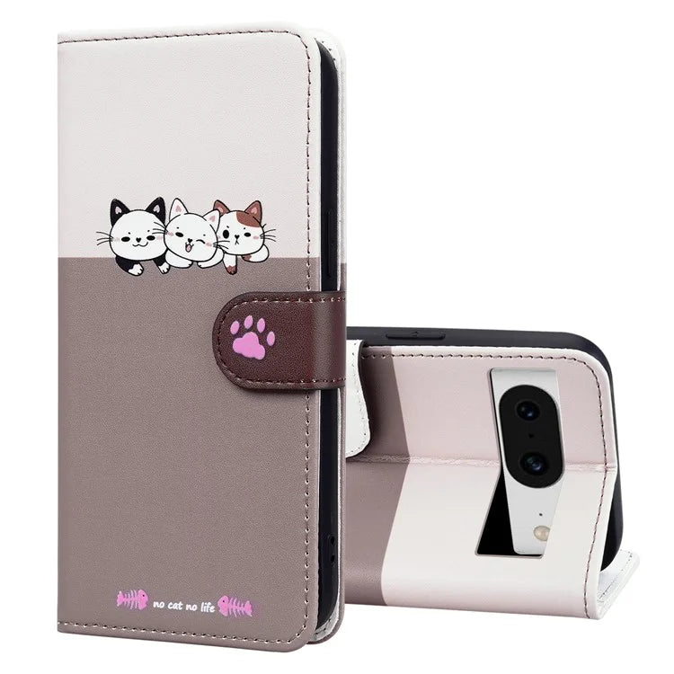 Cartoon Pet Series for Google Pixel 8 Case Leather  Splicing Phone Stand Cover with Wrist Strap